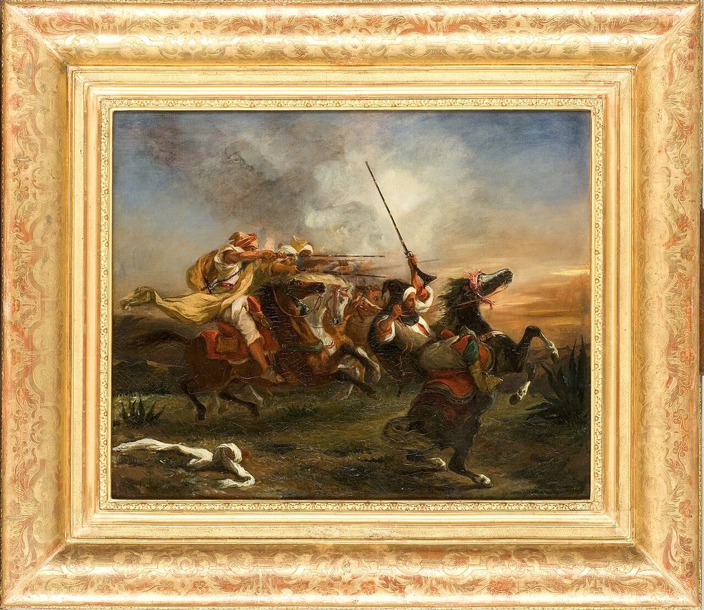 Peinture de Delacroix. Exercices militaires marocains. Evocation du voyage culturel au Maroc et peinture orientaliste.